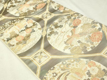 平和屋本店▼六通柄袋帯　孔雀花文　本金二重引箔　正絹　逸品　DABI1126sf