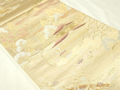 平和屋本店▼六通柄袋帯　風景草花文　純金箔24Ｋ　正絹　逸品　DABI1127sf