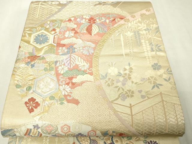 平和屋本店▼六通柄袋帯　唐織　飛鶴宝尽くし花文　本金箔錦　二重織　正絹　逸品　DABI1129sf