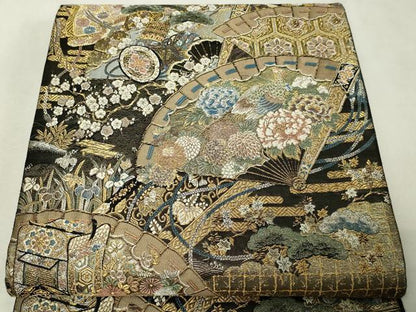 平和屋本店▼六通柄袋帯　檜扇花鳥文　本金壱千弐百錦　正絹　逸品　DABI1133sf