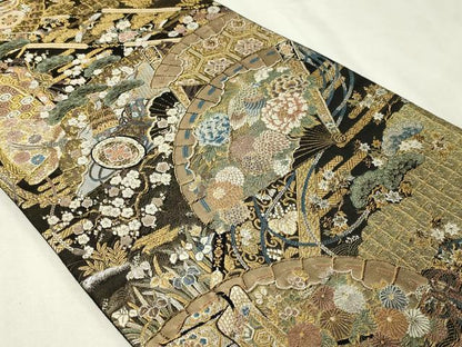 平和屋本店▼六通柄袋帯　檜扇花鳥文　本金壱千弐百錦　正絹　逸品　DABI1133sf
