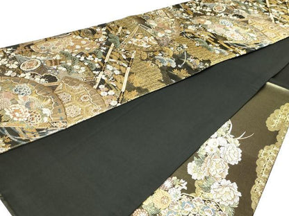 平和屋本店▼六通柄袋帯　檜扇花鳥文　本金壱千弐百錦　正絹　逸品　DABI1133sf