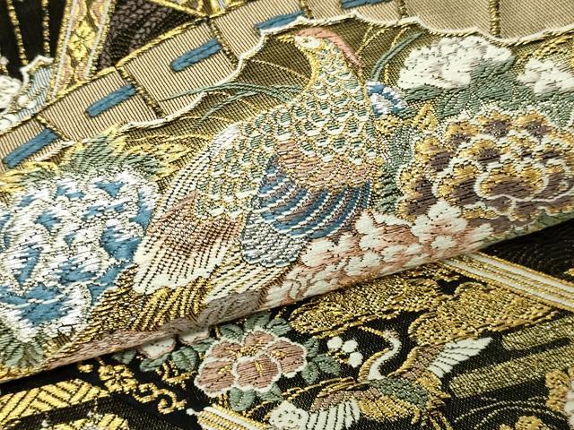平和屋本店▼六通柄袋帯　檜扇花鳥文　本金壱千弐百錦　正絹　逸品　DABI1133sf