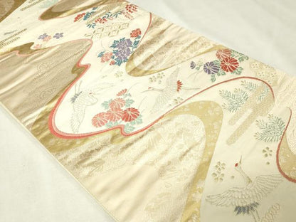平和屋本店▼六通柄袋帯　袋帯彩錦　飛鶴花文　本金箔24Ｋ　正絹　逸品　DABI1137sf