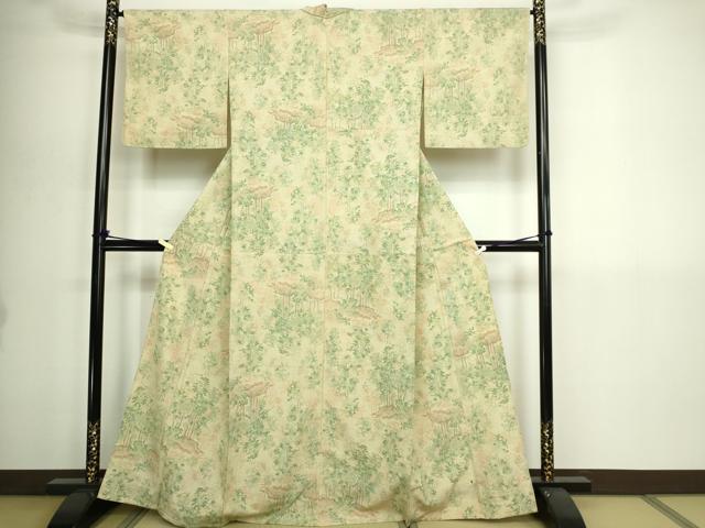 平和屋着物▽上質なお召　単衣　樹林文　正絹　逸品　DABI1144sf