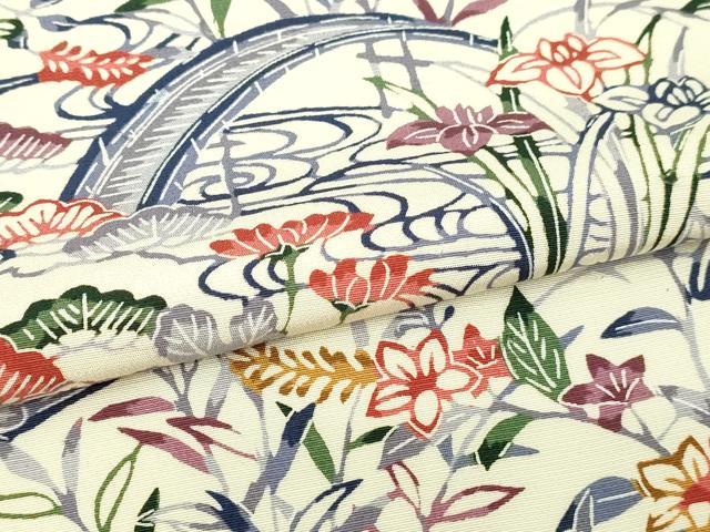 平和屋着物▽上質な小紋　単衣　型染め　風景草花文　正絹　逸品　DABI1145sf