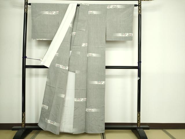 平和屋着物▽上質な紬　単衣　草花文　正絹　逸品　DABI1146sf