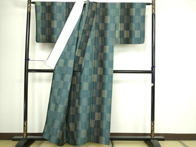 平和屋着物▽上質な紬　単衣　格子　正絹　逸品　DABI1149sf