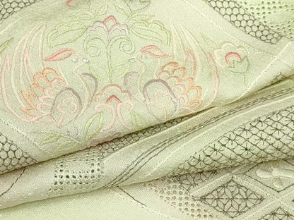 平和屋着物▽中国三大刺繍　汕頭刺繍　スワトウ刺繍　総刺繍　訪問着　単衣　尾長鳥花文　正絹　逸品　DABI1158sf