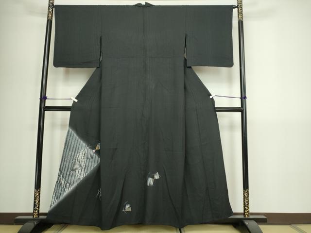 平和屋着物▽訪問着　単衣　竹屋町刺繍　抽象文様　暈し染め　黒地　正絹　逸品　DABI1164sf