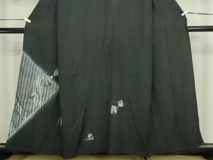 平和屋着物▽訪問着　単衣　竹屋町刺繍　抽象文様　暈し染め　黒地　正絹　逸品　DABI1164sf