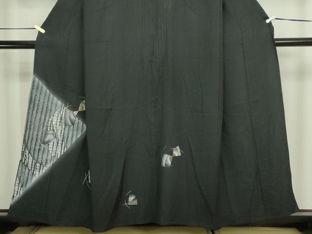 平和屋着物▽訪問着　単衣　竹屋町刺繍　抽象文様　暈し染め　黒地　正絹　逸品　DABI1164sf