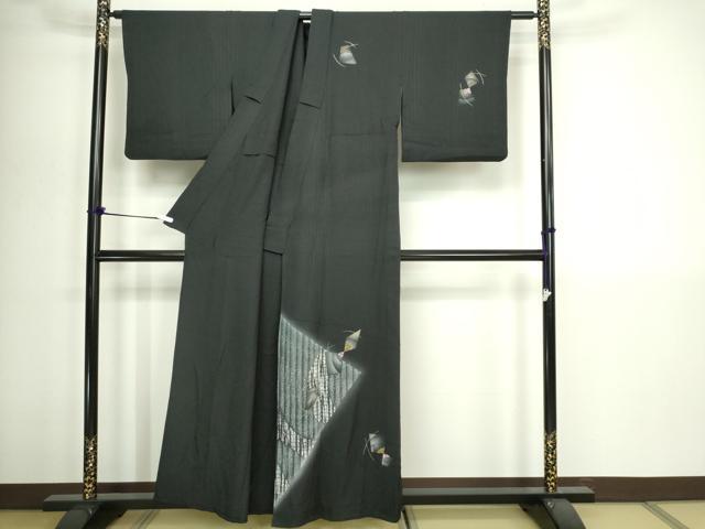 平和屋着物▽訪問着　単衣　竹屋町刺繍　抽象文様　暈し染め　黒地　正絹　逸品　DABI1164sf