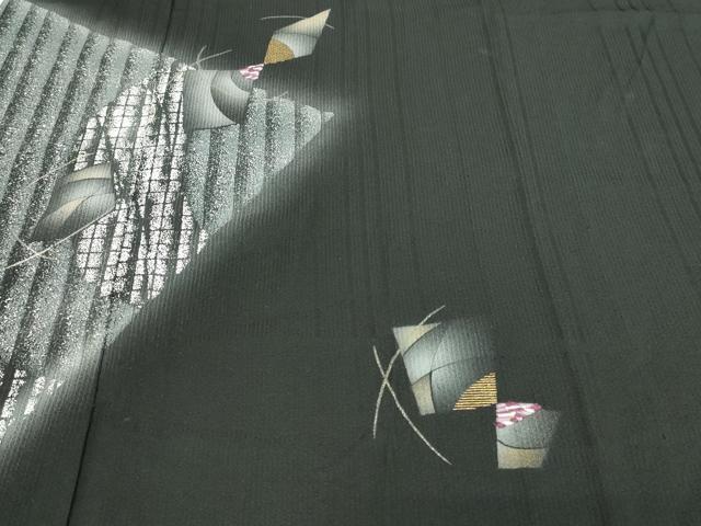 平和屋着物▽訪問着　単衣　竹屋町刺繍　抽象文様　暈し染め　黒地　正絹　逸品　DABI1164sf
