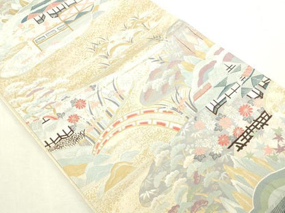平和屋本店▼六通柄袋帯　風景草花文　九百金　純金箔24Ｋ　正絹　逸品　DABI1188sf
