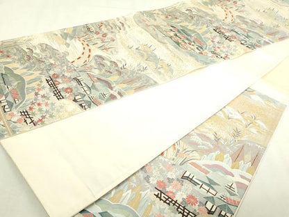 平和屋本店▼六通柄袋帯　風景草花文　九百金　純金箔24Ｋ　正絹　逸品　DABI1188sf