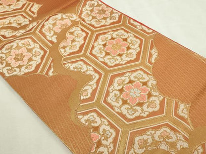 平和屋本店▼六通柄袋帯　唐織　西陣織　亀甲花文　本金箔二重織　正絹　逸品　DABI1191sf