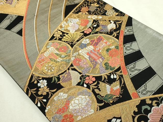 平和屋本店▼六通柄袋帯　御所車花蝶文　弐捨四金二重織　黒地　正絹　逸品　DABI1192sf