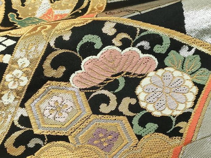 平和屋本店▼六通柄袋帯　御所車花蝶文　弐捨四金二重織　黒地　正絹　逸品　DABI1192sf