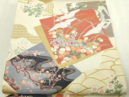 平和屋本店▼六通柄袋帯　九百錦　色紙飛鶴花文　純金箔　正絹　逸品　DABI1194sf