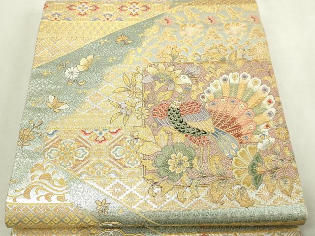 平和屋本店▼六通柄袋帯　菱取孔雀文　九百本金弐重織　正絹　逸品　DABI1195sf