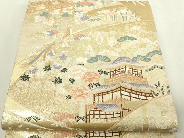平和屋本店▼六通柄袋帯　九百錦　風景草花文　純金箔　正絹　逸品　DABI1200sf