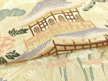 平和屋本店▼六通柄袋帯　九百錦　風景草花文　純金箔　正絹　逸品　DABI1200sf