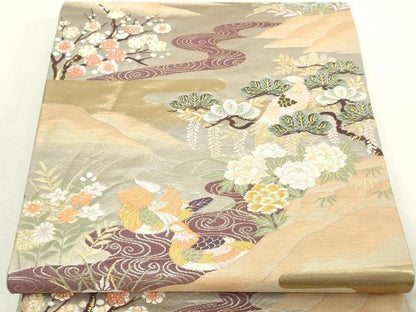 平和屋本店▼六通柄袋帯　流水花鳥文　松竹梅　本金箔　正絹　逸品　DABI1211sf