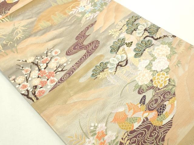 平和屋本店▼六通柄袋帯　流水花鳥文　松竹梅　本金箔　正絹　逸品　DABI1211sf