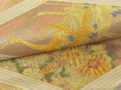 平和屋本店▼六通柄袋帯　飛鶴花文　本金箔　本金糸　正絹　逸品　DABI1215sf