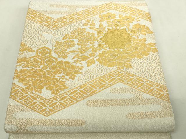 平和屋本店▼太鼓柄袋帯　つづれ　草花文　純金糸24金箔　正絹　逸品　DABI1218sf