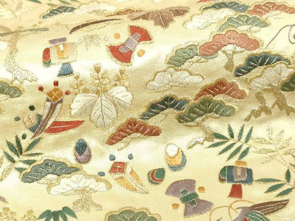 平和屋本店▼太鼓柄袋帯　総刺繍　宝尽くし文　本金箔　正絹　逸品　DABI1219sf