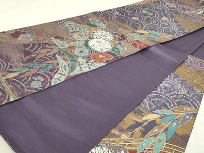 平和屋本店▼六通柄袋帯　辻ヶ花　水明寿花文　本金箔　正絹　逸品　DABI1220sf