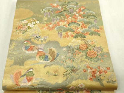平和屋本店●太鼓柄袋帯　山荘鴛鴦絵文　本金箔　金泥箔　正絹　逸品　DABI1223sf
