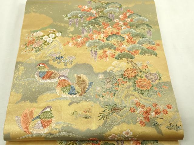 平和屋本店●太鼓柄袋帯　山荘鴛鴦絵文　本金箔　金泥箔　正絹　逸品　DABI1223sf