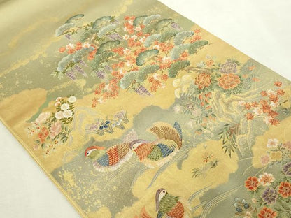 平和屋本店●太鼓柄袋帯　山荘鴛鴦絵文　本金箔　金泥箔　正絹　逸品　DABI1223sf