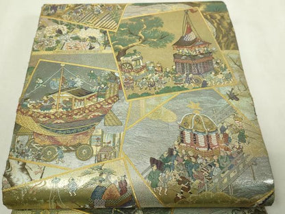 平和屋本店▼西陣あさぎ　丸帯　日本屏風絵大観　プラチナ本金箔　壱仟八百口織　正絹　逸品　DABI1238sf
