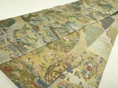平和屋本店▼西陣あさぎ　丸帯　日本屏風絵大観　プラチナ本金箔　壱仟八百口織　正絹　逸品　DABI1238sf