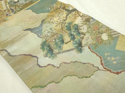 平和屋本店▼西陣あさぎ　丸帯　日本屏風絵大観　プラチナ本金箔　壱仟八百口織　正絹　逸品　DABI1238sf