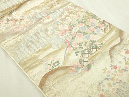 平和屋本店▼六通柄袋帯　唐織　九百錦　風景草花文　純金箔　正絹　逸品　DABI1248sf