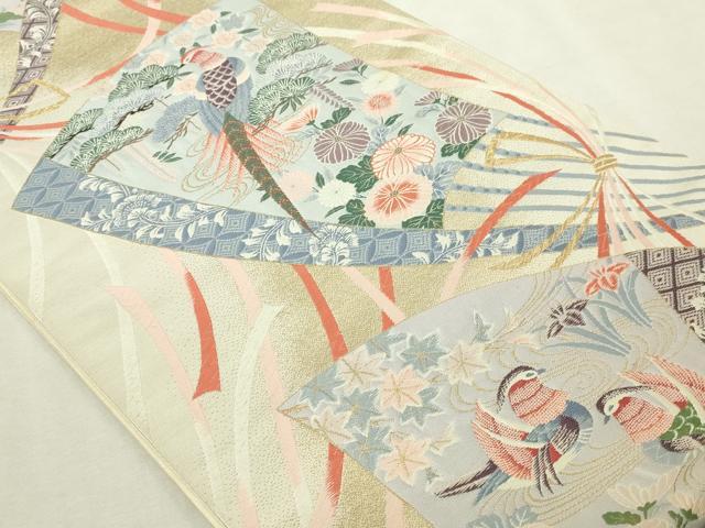 平和屋本店▼西陣　前田徳織物謹製　六通柄袋帯　九百錦　花鳥扇面流し文　24ｋ本金箔　証紙付き　正絹　逸品　DABI1251sf