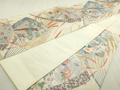 平和屋本店▼西陣　前田徳織物謹製　六通柄袋帯　九百錦　花鳥扇面流し文　24ｋ本金箔　証紙付き　正絹　逸品　DABI1251sf