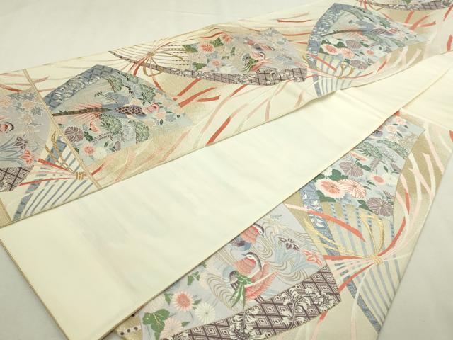 平和屋本店▼西陣　前田徳織物謹製　六通柄袋帯　九百錦　花鳥扇面流し文　24ｋ本金箔　証紙付き　正絹　逸品　DABI1251sf
