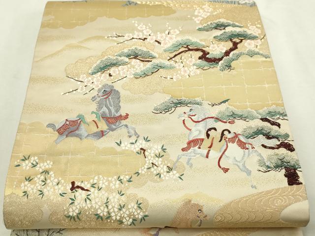 平和屋本店▼六通柄袋帯　古典雅錦　草花文　馬　本金箔　正絹　逸品　DABI1254sf