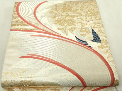 平和屋本店▼六通柄袋帯　孔雀唐草花文様　純金箔24ｋ　正絹　逸品　DABI1261sf