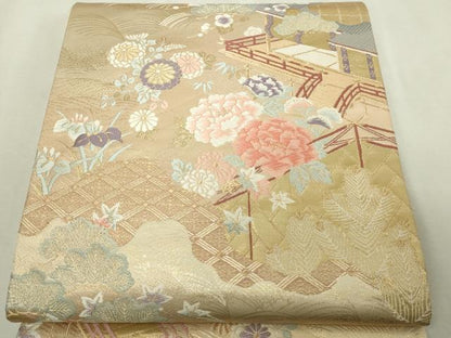 平和屋本店▼六通柄袋帯　唐織　風景草花文　松竹梅　本金箔錦　二重織　正絹　逸品　DABI1264sf
