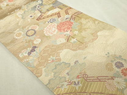 平和屋本店▼六通柄袋帯　唐織　風景草花文　松竹梅　本金箔錦　二重織　正絹　逸品　DABI1264sf