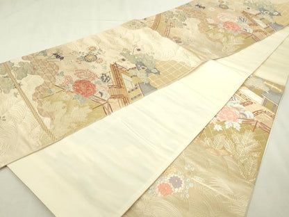 平和屋本店▼六通柄袋帯　唐織　風景草花文　松竹梅　本金箔錦　二重織　正絹　逸品　DABI1264sf