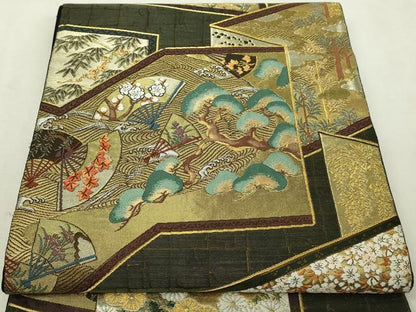 平和屋本店▼西陣の名門　本家加納　六通柄袋帯　扇面草花文　松竹梅　本金箔　正絹　逸品　DABI1274sf