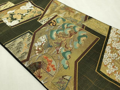 平和屋本店▼西陣の名門　本家加納　六通柄袋帯　扇面草花文　松竹梅　本金箔　正絹　逸品　DABI1274sf